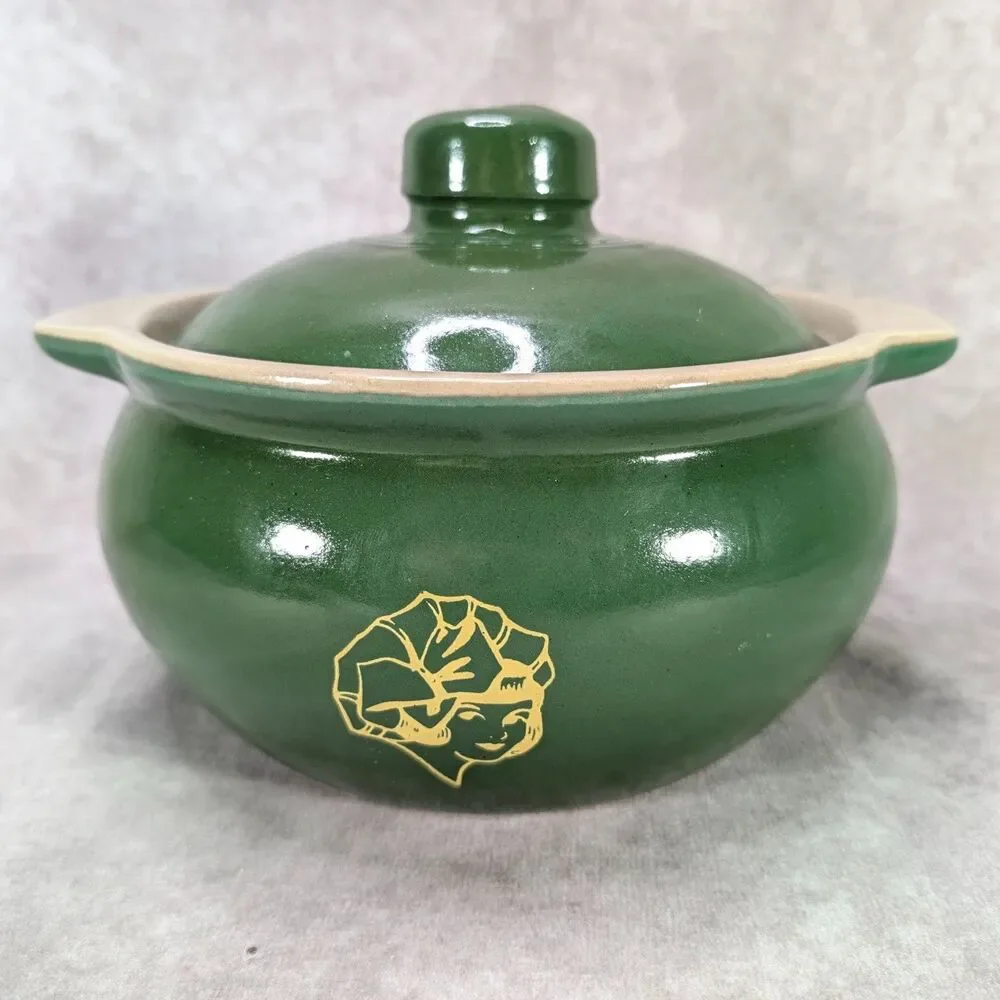 Vintage Green Western Stoneware 1605 Bean Pot Casserole Sunbonnet Dutch Girl Lid